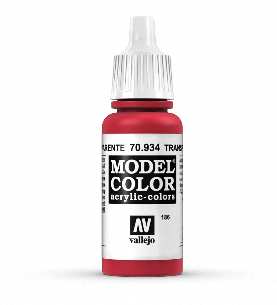 Vallejo Model Color 17ml transparent red paint bottle, showcasing vibrant red liquid in a clear container.