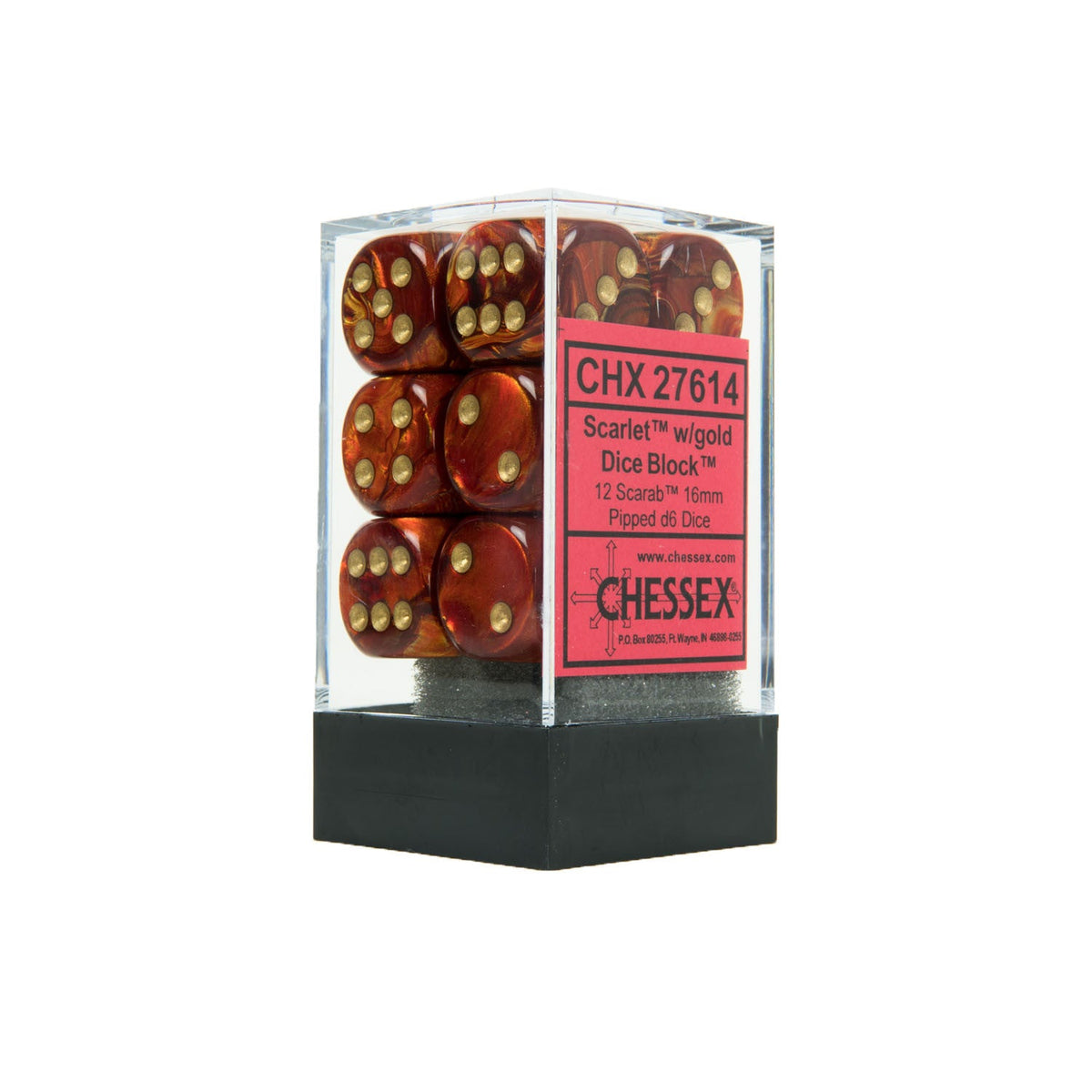 Scarlet and gold 16mm D6 dice block by Chessex featuring a scarab design for tabletop gaming.