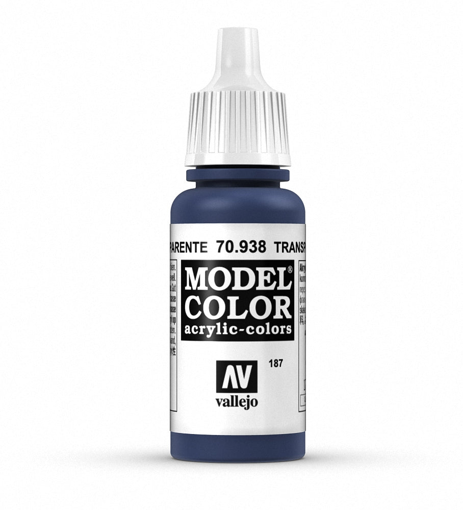 Vallejo Model Color 17ml transparent blue paint bottle with blue cap, used for miniature and model painting.