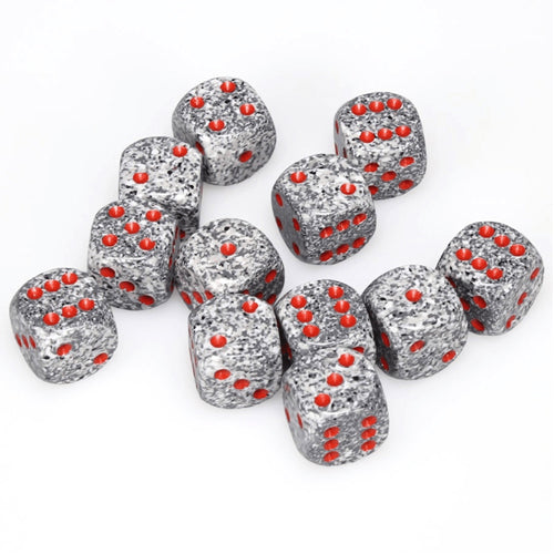 Set of 12 speckled granite D6 dice from Chessex, 16mm size, featuring a pip design for tabletop gaming.