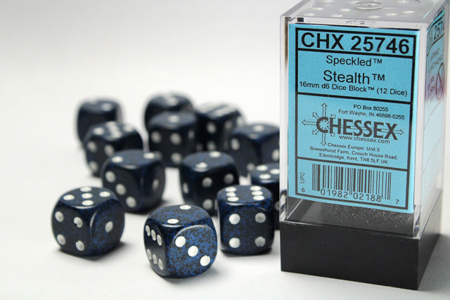 Set of 12 Chessex Speckled D6 dice in 16mm size with pip numbering, featuring a black and white speckled pattern.