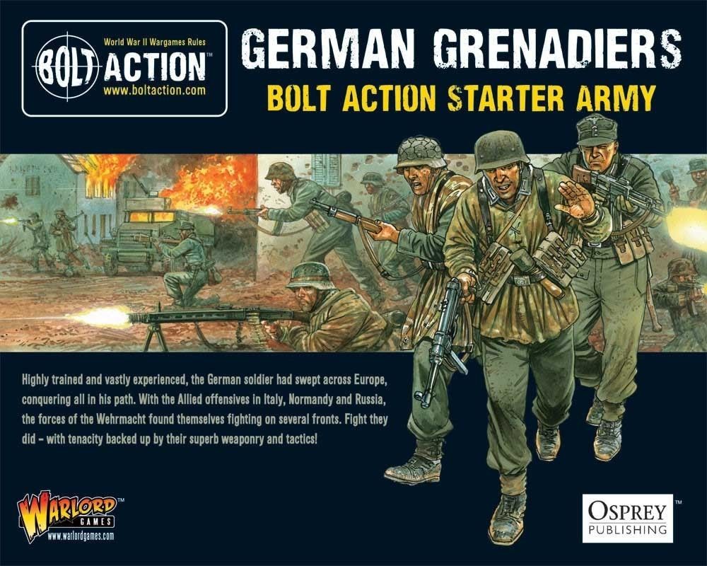 German Grenadiers starter army set by Warlord Games, featuring detailed miniature figures and military equipment for tabletop gaming.