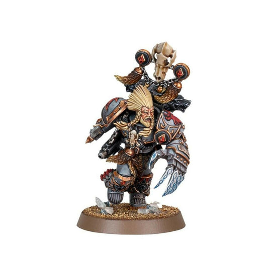 Miniature of Geigor Fell-Hand from Space Wolves by Games Workshop, detailed painted figure in tactical armor.