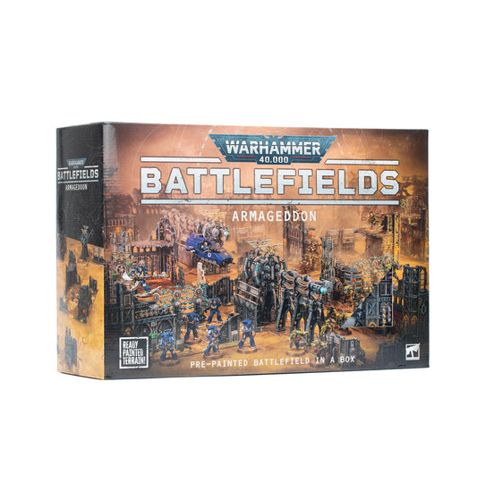 Detailed Warhammer 40,000: Battlefields: Armageddon terrain by Games Workshop, featuring rugged ruined structures and battlefield scenery.