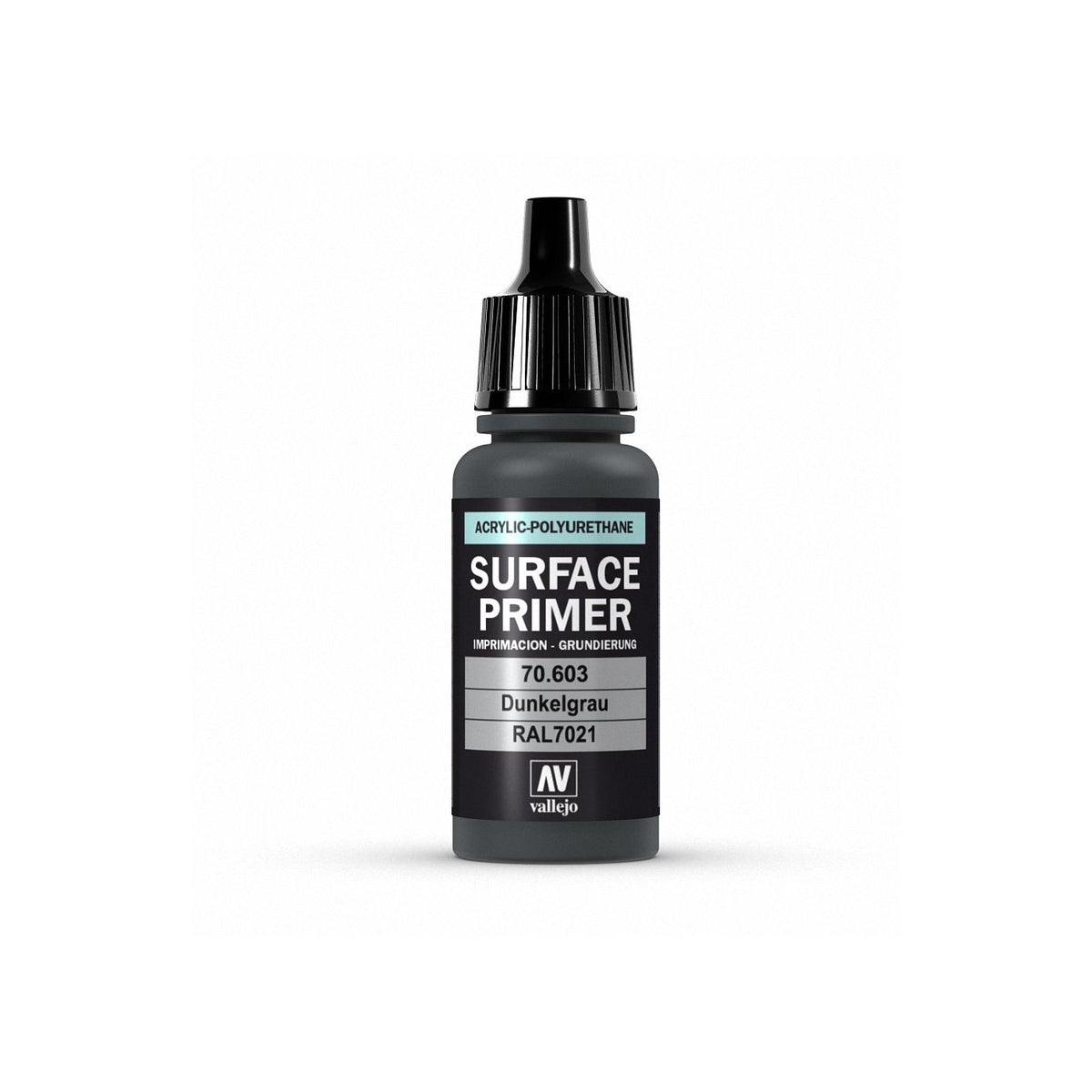 Creative Models Vallejo polyurethane primer in German Panzer Grey (RAL 7021) for scale models, shown as a 17ml bottle with label.