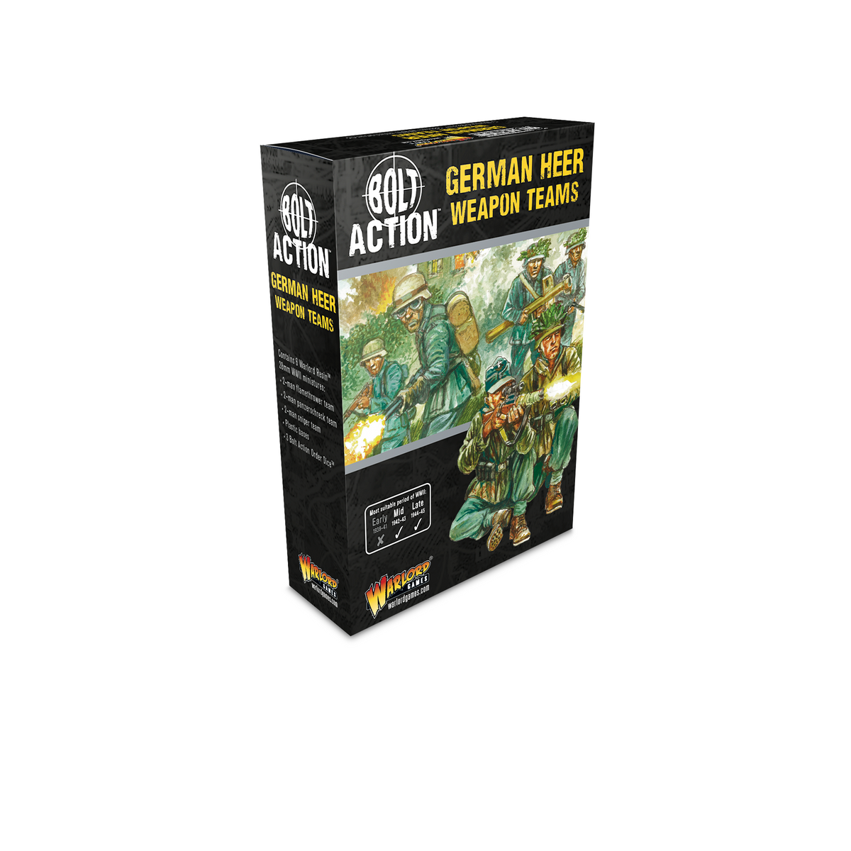 German Heer weapons teams from Warlord Games, featuring soldiers with machine guns and equipment in a detailed military diorama.