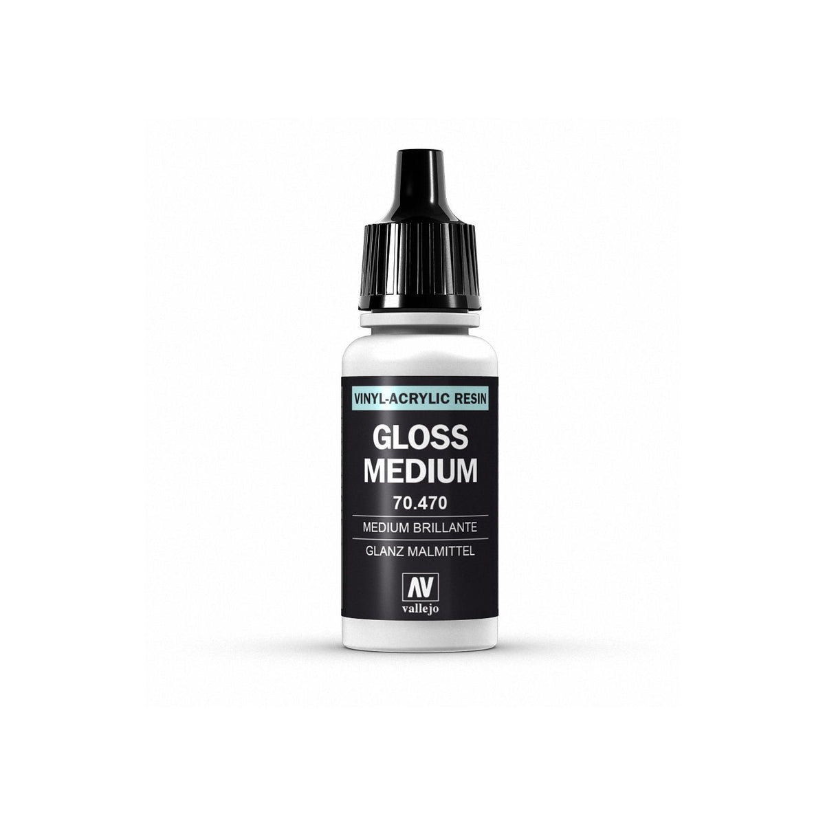 Vallejo Model Color Glossy Medium in 17ml bottle, a paint medium for enhancing gloss finish on miniature models.
