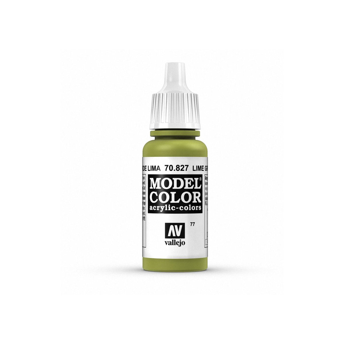Vallejo Model Color lime green paint bottle, 17ml, with vibrant green paint visible in a clear container.