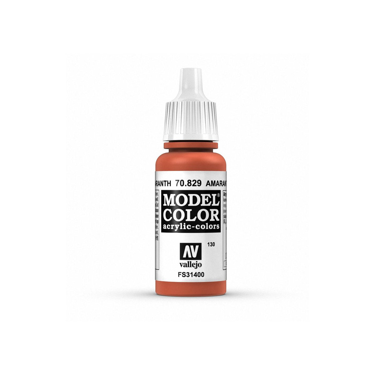 Bottle of Vallejo Model Color 17ml paint in Amarantha Red, featuring colorful liquid and label on the original packaging.