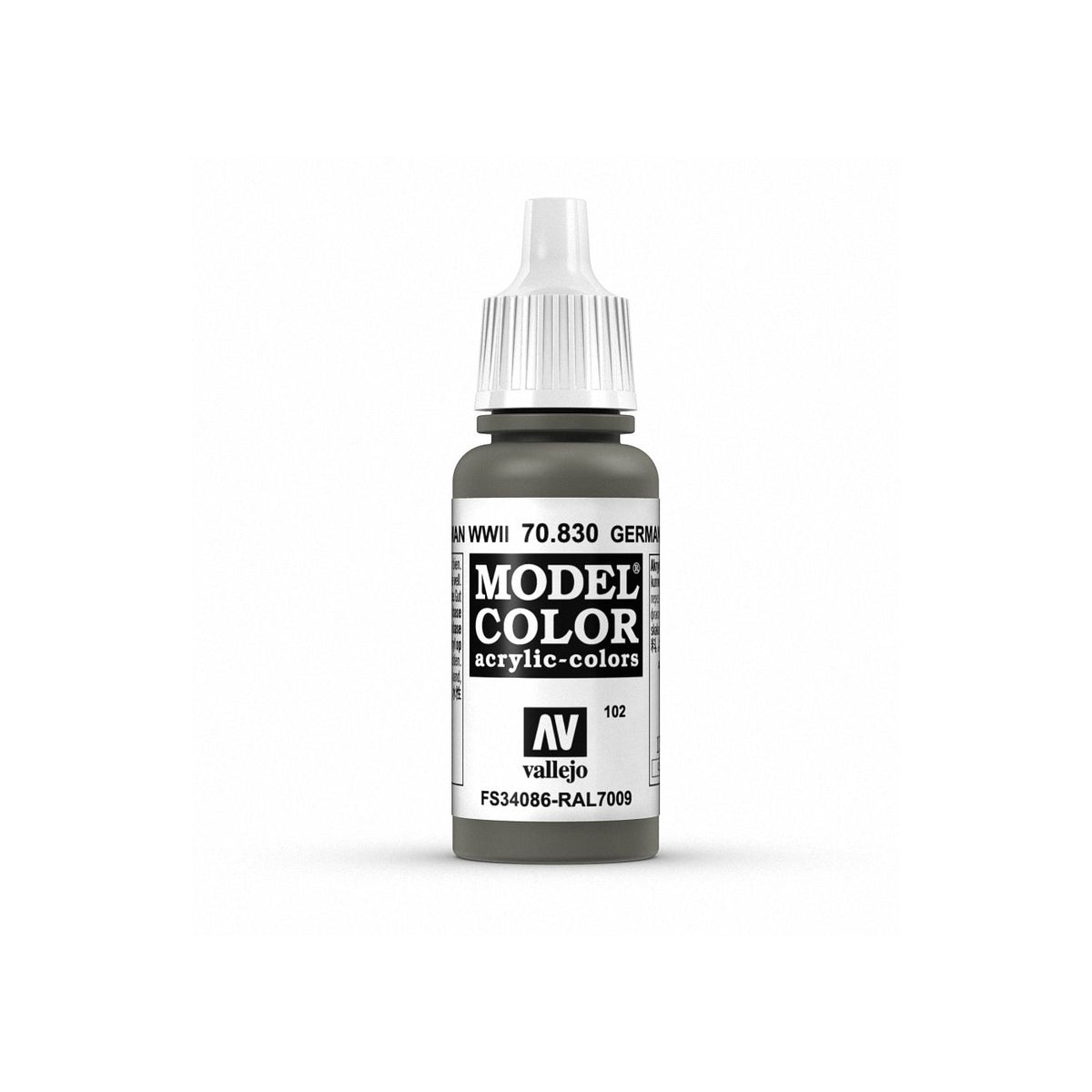 Vallejo Model Color 17ml bottle of German Fieldgrey WWII paint, featuring a black cap and clear label showing color details.
