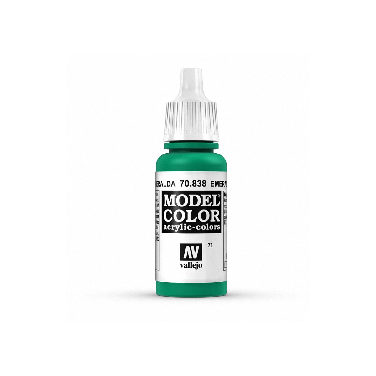 Vallejo Model Color emerald paint bottle, 17ml, with green paint visible inside, ideal for miniature and model painting.