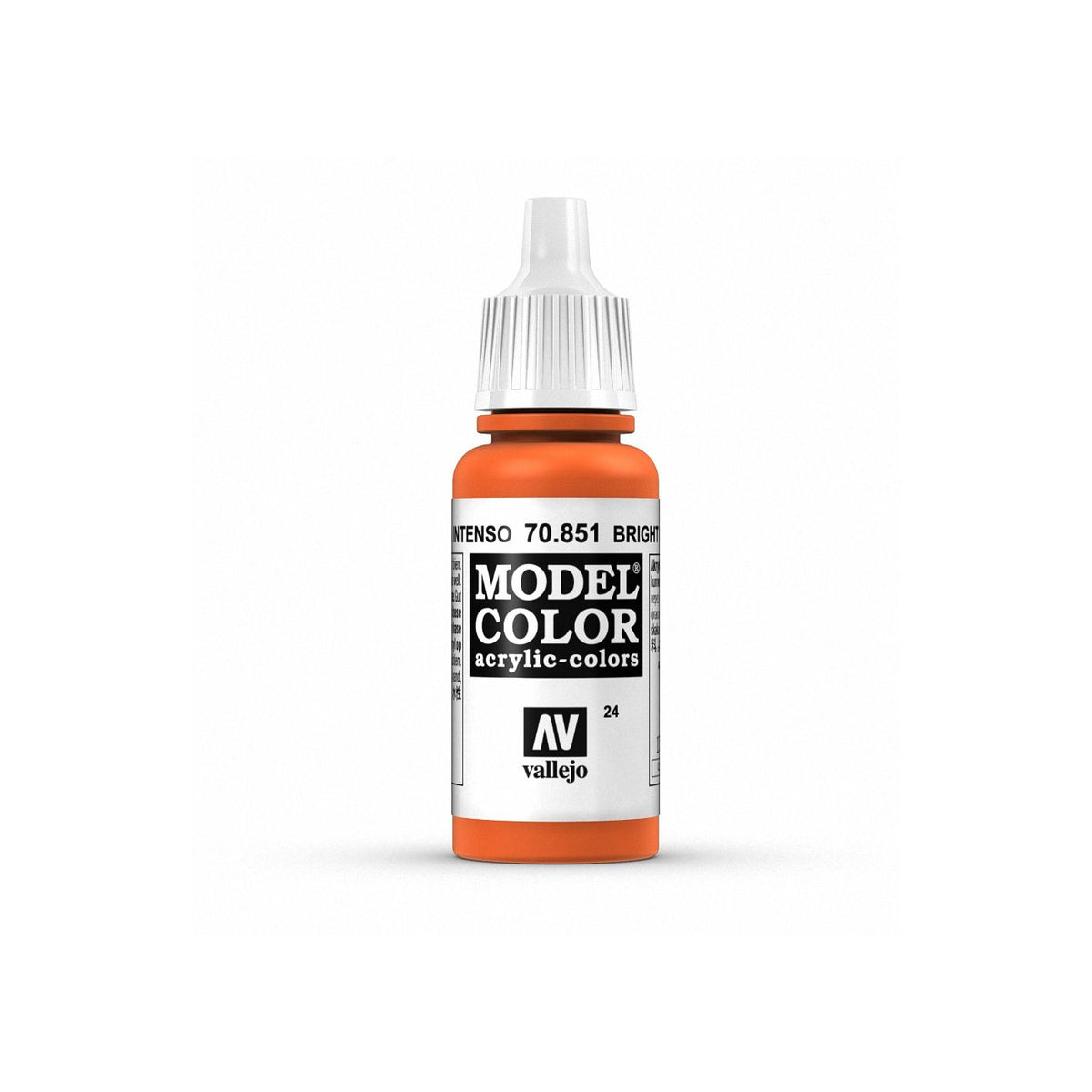 Vallejo Model Color bright orange paint bottle with 17ml capacity, featuring a black cap and label displaying product details.