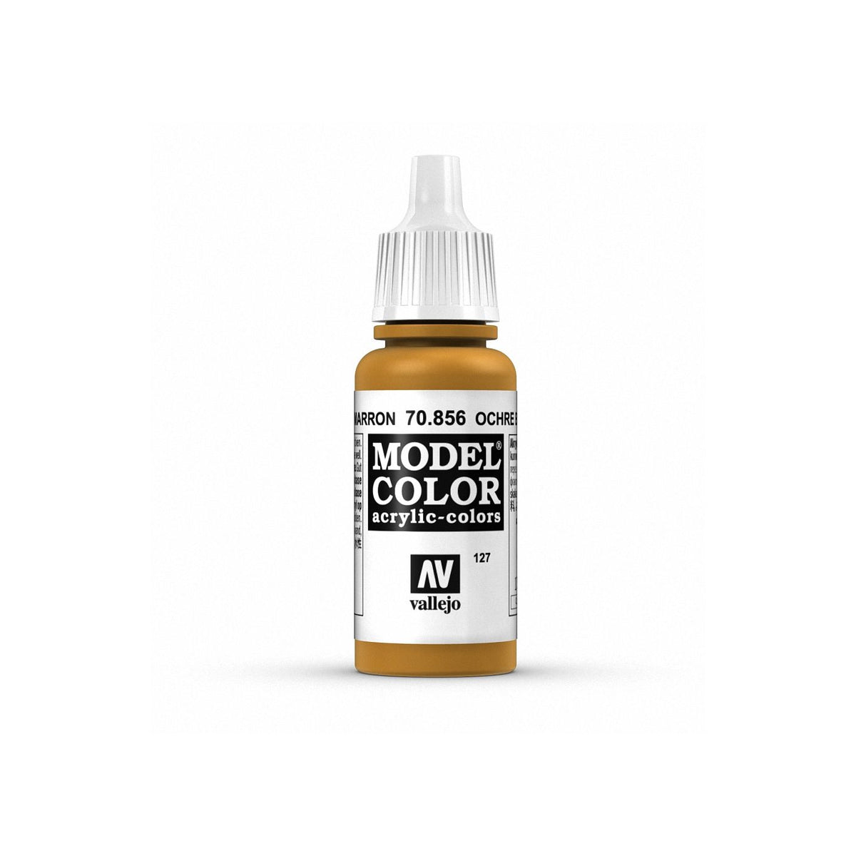 Vallejo Model Color 17ml bottle of Ochre Brown paint for miniature and model painting, featuring a clear glass bottle with a black cap.