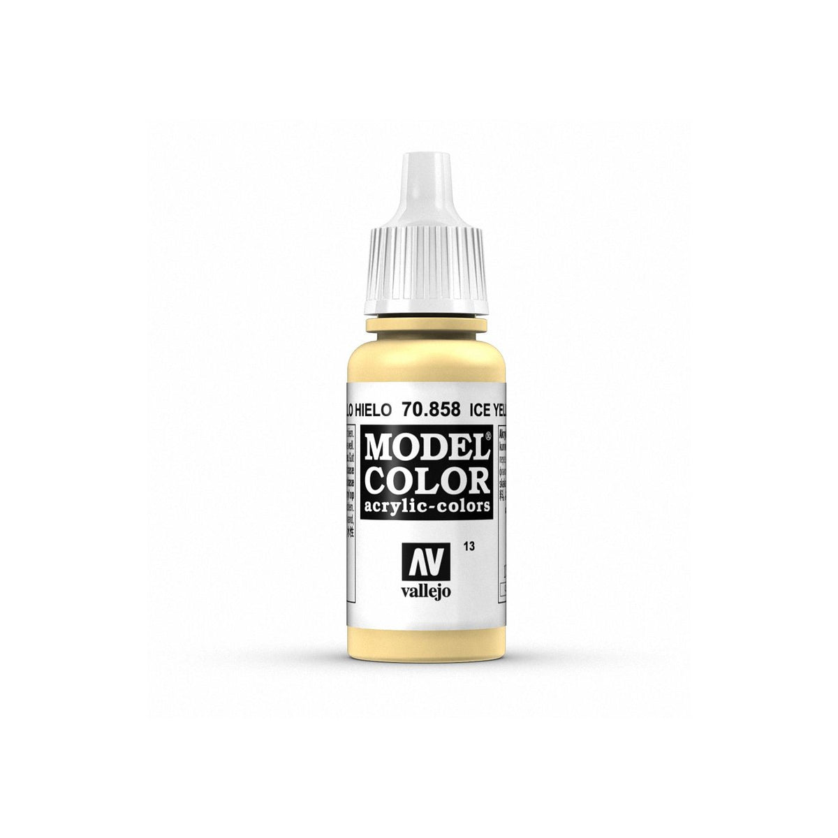 Bottle of Vallejo Model Color Ice Yellow paint in a 17ml container, featuring a clear label and yellow paint inside.