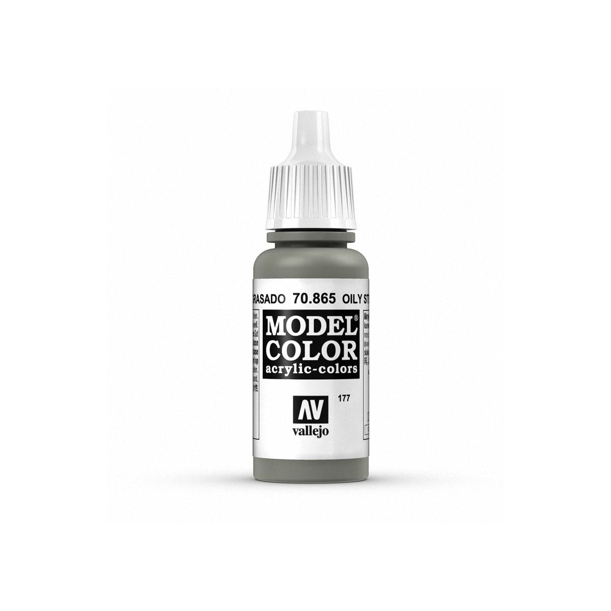 Vallejo Model Color metallic oily steel paint bottle, 17ml, with a clear label and silver cap showing the product inside.