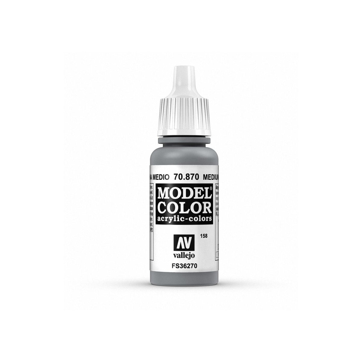 Vallejo Model Color Medium Sea Grey paint bottle, 17ml, with label and open cap showing grey acrylic paint for modeling and miniatures.