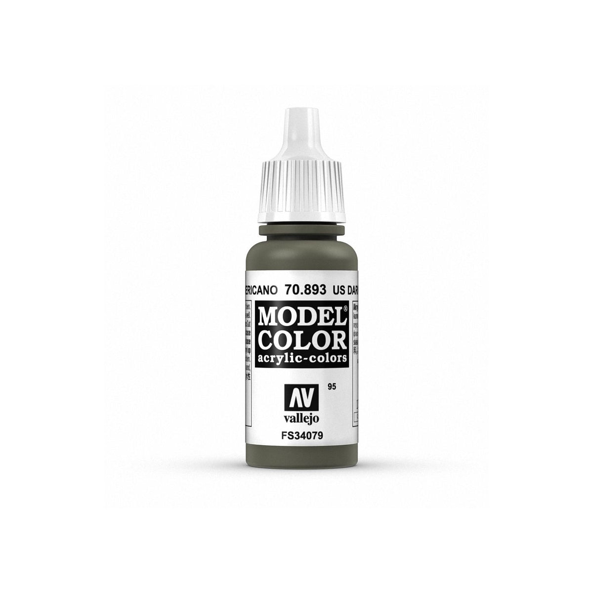 Vallejo Model Color US Dark Green paint bottle, 17ml, with black cap and label showing product details.
