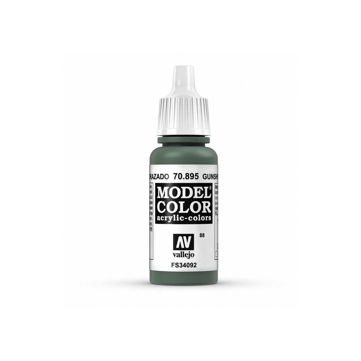 Vallejo Model Color gunship green paint bottle with 17ml capacity, ideal for miniature and model painting projects.