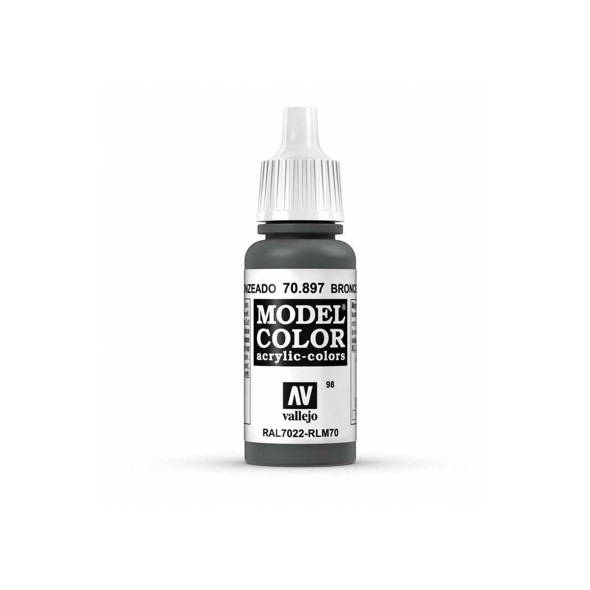 Vallejo Model Color bronze green paint in 17ml bottle, featuring the product label and vibrant greenish-bronze paint inside.