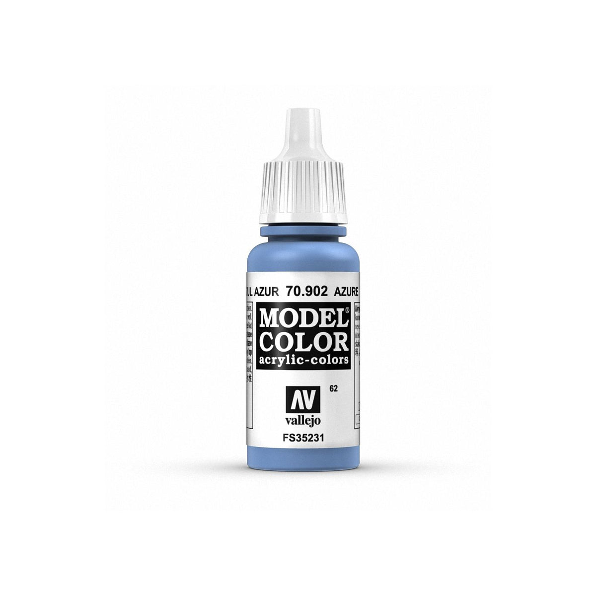 Vallejo Model Color Azure paint bottle, 17ml, with blue acrylic model paint for miniatures and hobby projects.