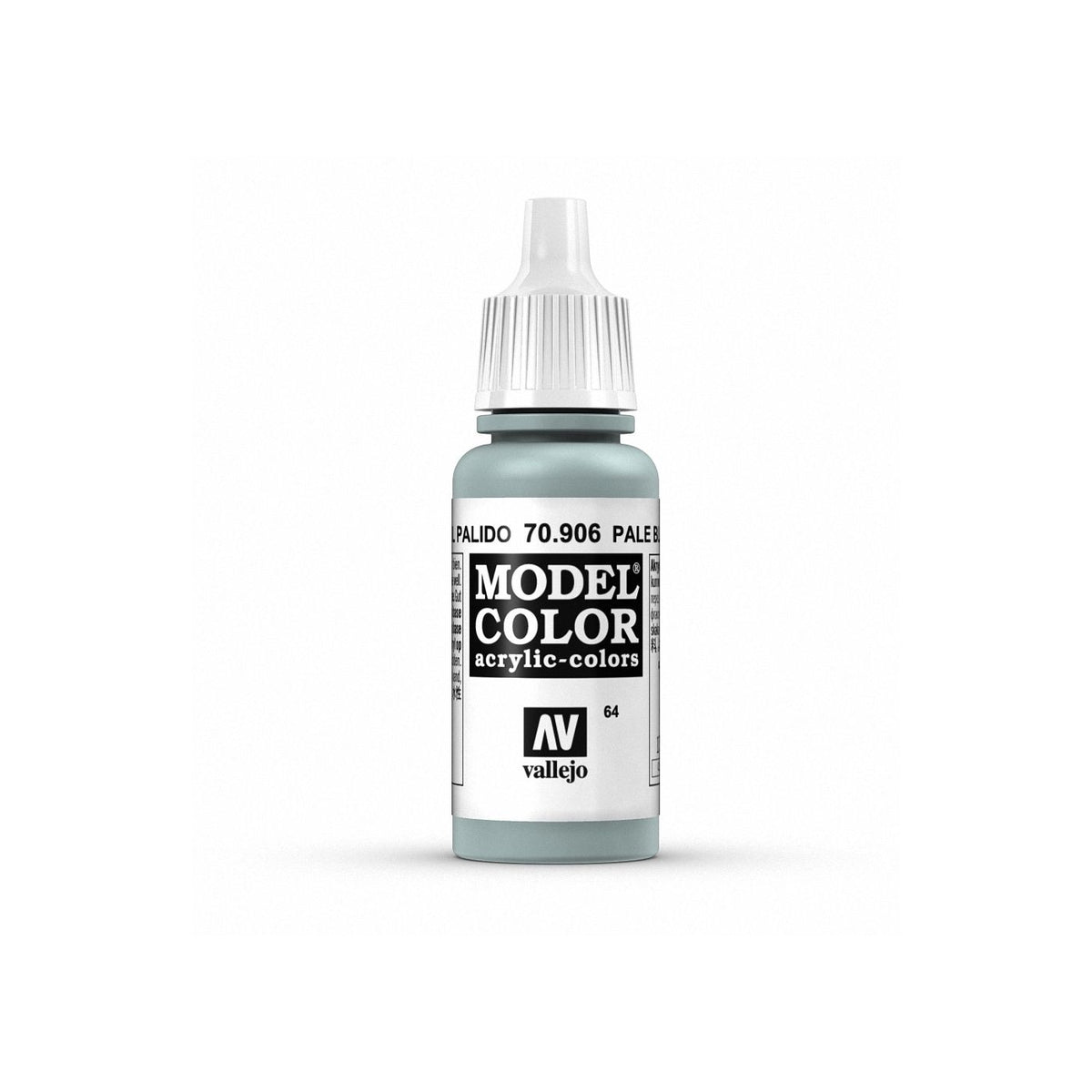 Vallejo Model Color Pale Blue paint bottle, 17ml, with a clear label and blue cap, suitable for model painting and detailing.