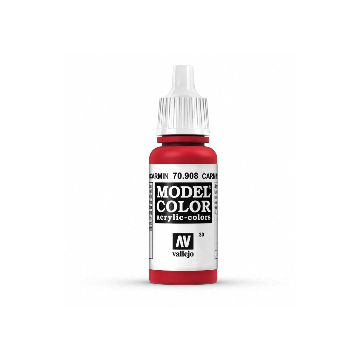 Vallejo Model Color Carmine Red 17ml bottle of acrylic paint with a label showing the red color and product details.