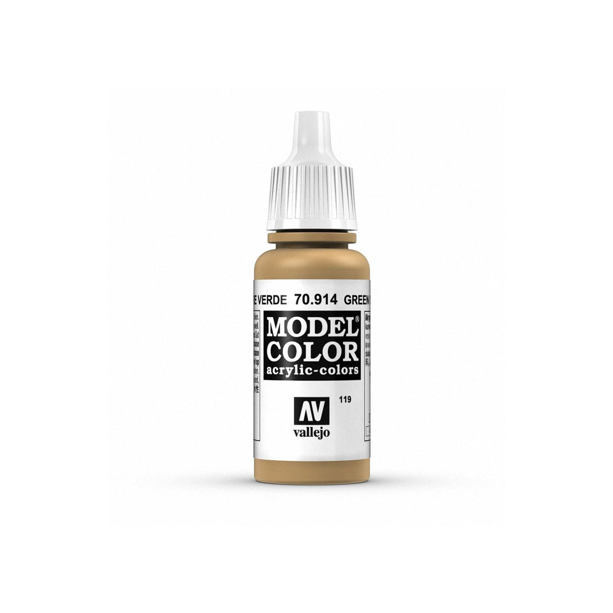 Vallejo Model Color green ochre paint bottle with 17ml capacity, featuring a white cap and label displaying product details.