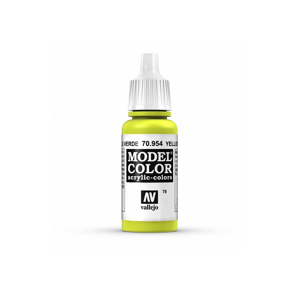 Bottle of Vallejo Model Color Yellow Green paint in a 17ml container, showcasing the vibrant greenish-yellow paint inside.