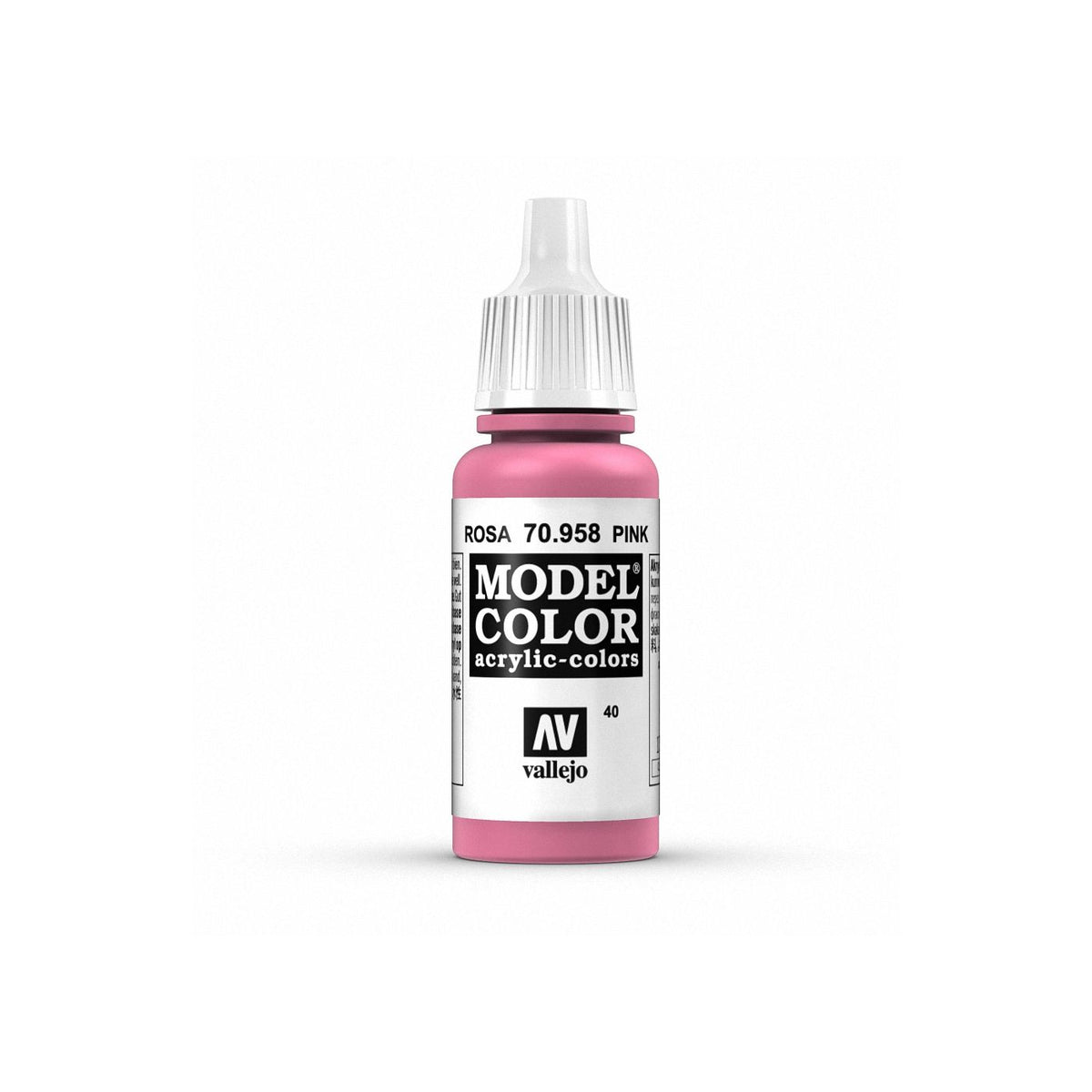 Bottle of Vallejo Model Color pink paint in 17ml size, featuring the original Vallejo paint bottle with pink color visible.