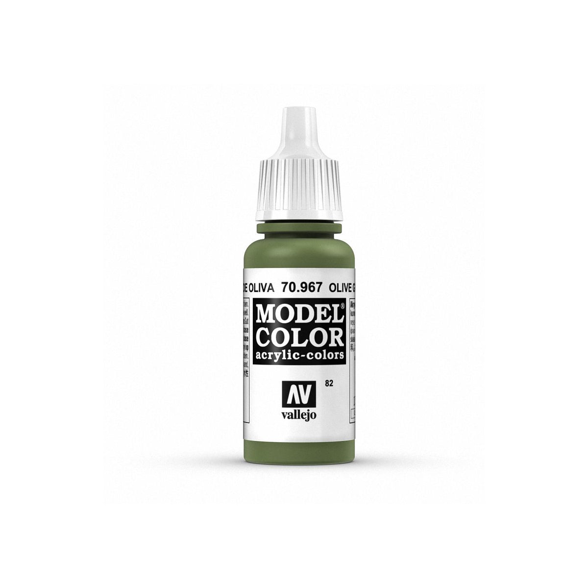 Vallejo Model Color olive green paint bottle with 17ml capacity, ideal for miniature and model painting projects.