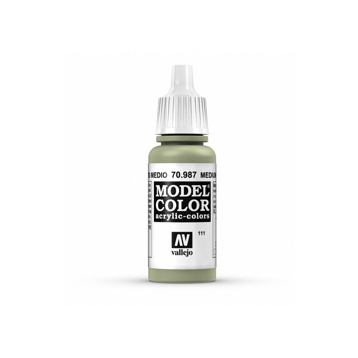 Vallejo Model Color Medium Grey paint bottle with 17ml capacity, featuring a clear label and black cap.