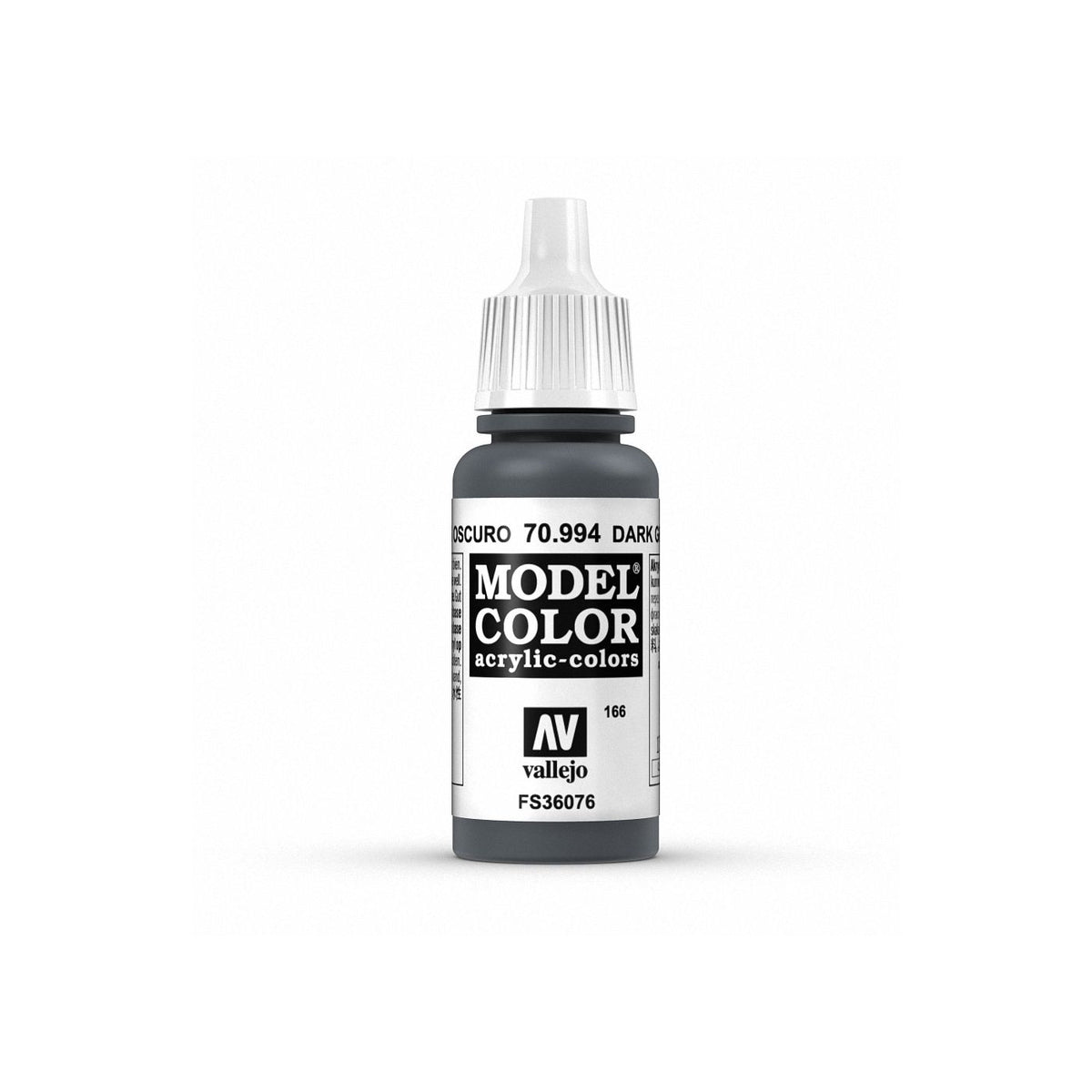 Bottle of Vallejo Model Color Dark Grey acrylic paint in a 17ml container with a white cap and label.